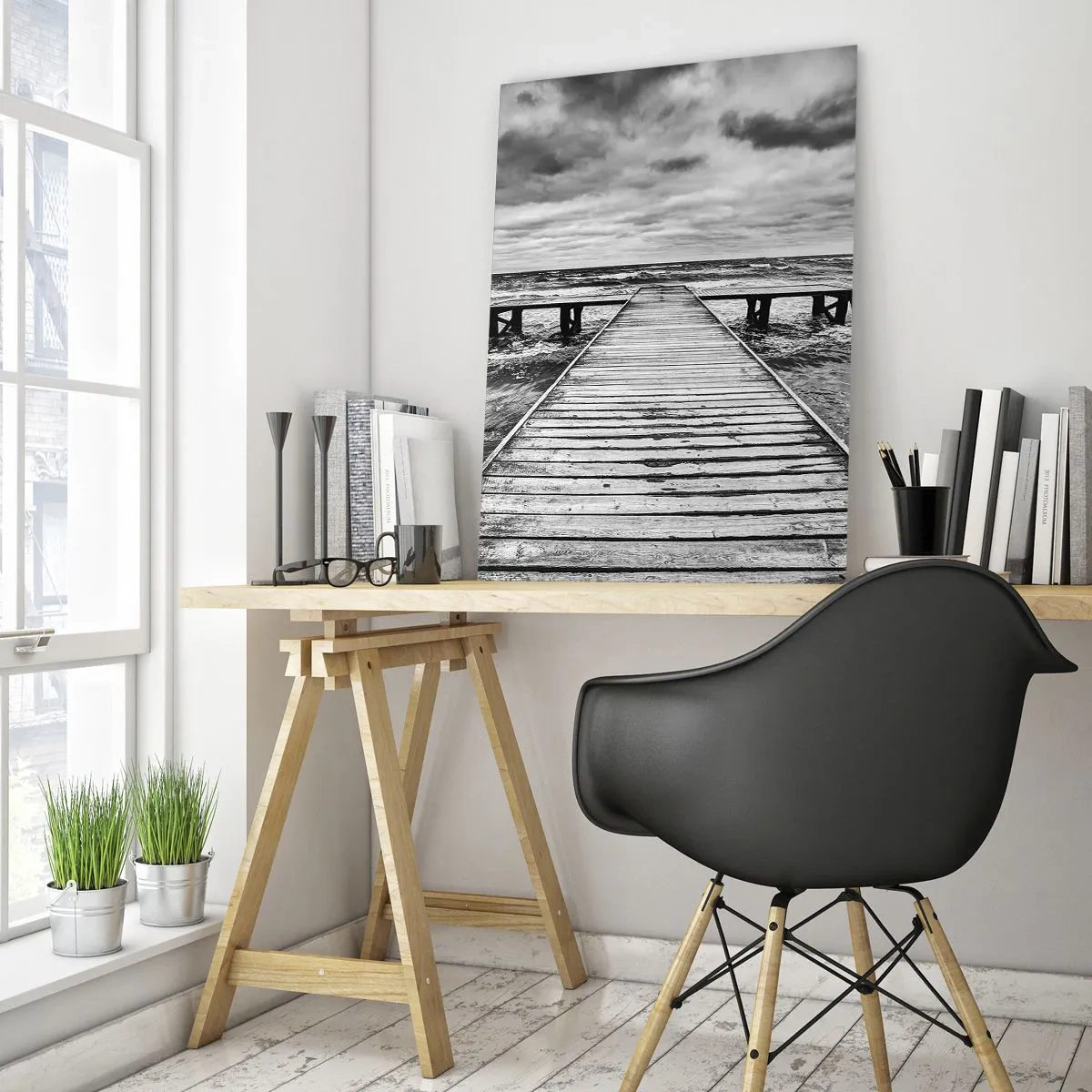 Glasbild - Bild auf glas - Ein schwarz-weißer Steg inmitten rauer Wellen - 50x70cm - Ich warte darauf, dass der Wind wegjagt... - Moderne Wanddekoration für Wohnzimmer und Schlafzimmer ARTTOR