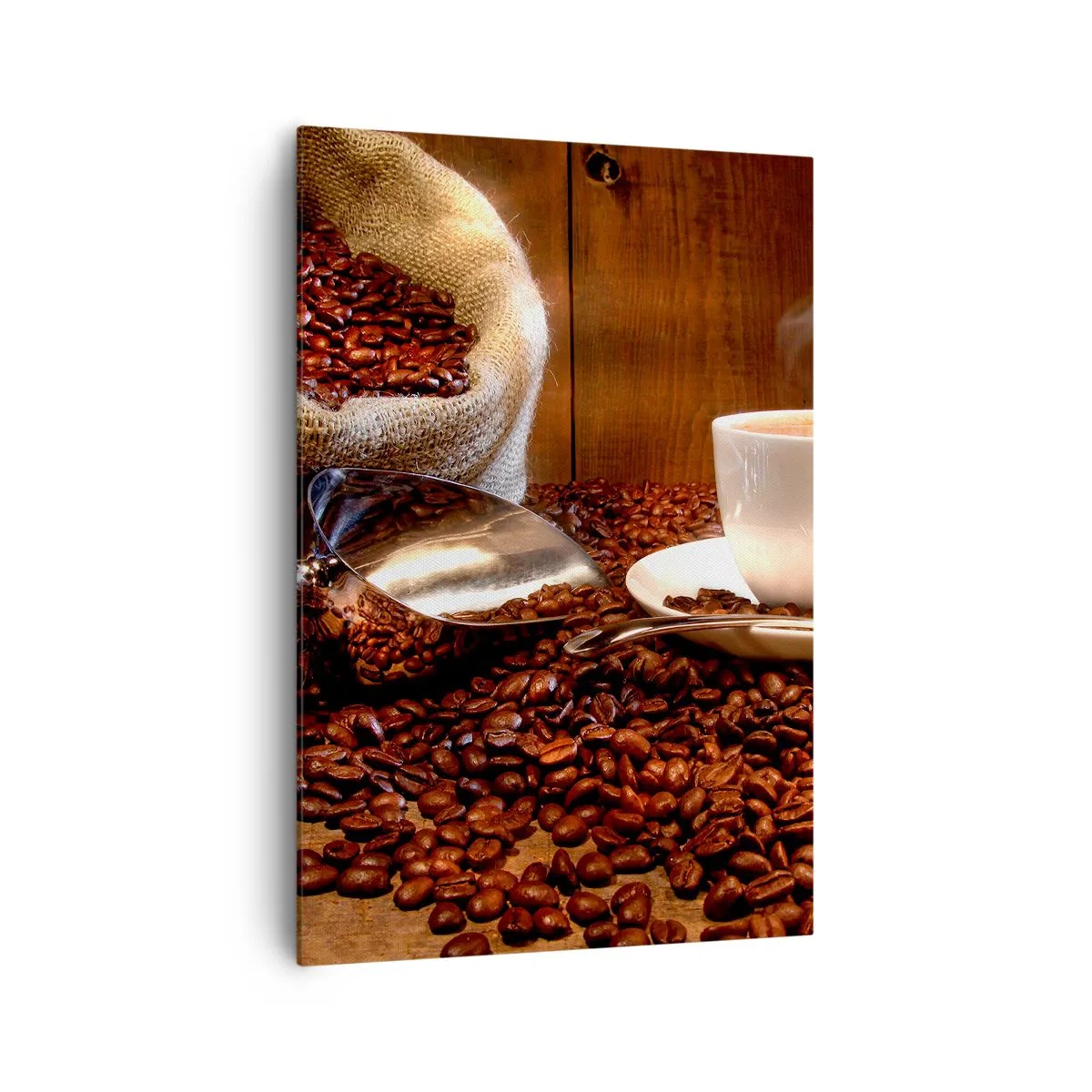 Bild auf Leinwand - Leinwandbild - Eine Tasse Kaffee mit Kaffeebohnen und einem Getreidesack im Hintergrund - 70x100cm - Fühlst du diesen Geruch? - Moderne Wanddekoration für Wohnzimmer und Schlafzimmer ARTTOR