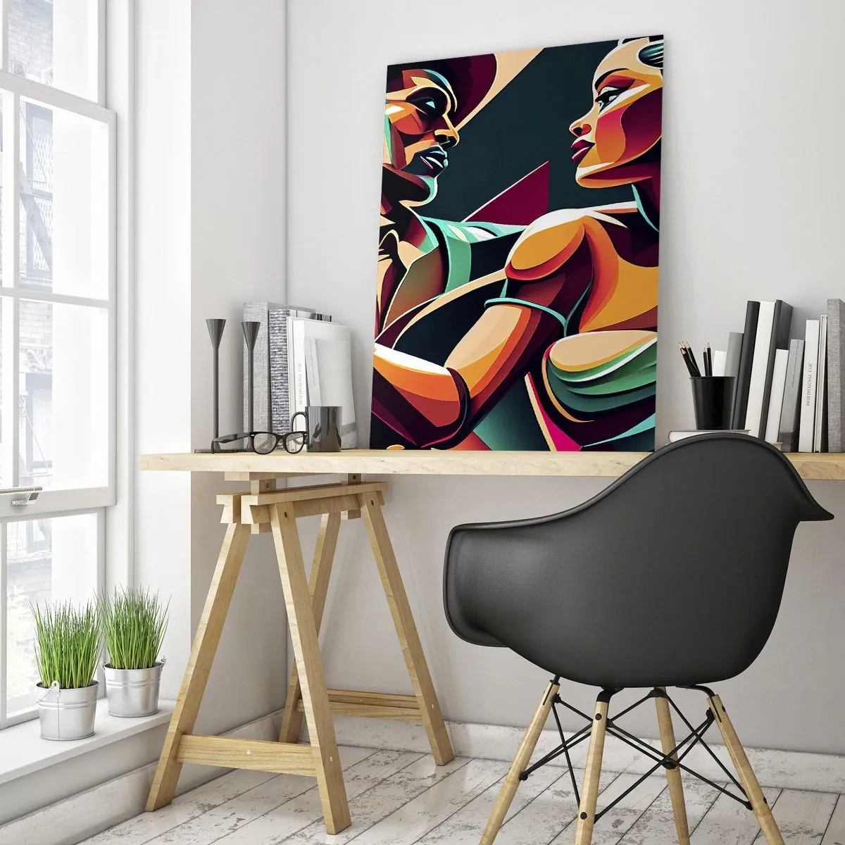 Glasbild - Bild auf glas - Ein stilisiertes Paar, das in leuchtenden, geometrischen Farben tanzt. - 80x120cm - Im Rhythmus des Herzens - Moderne Wanddekoration für Wohnzimmer und Schlafzimmer ARTTOR