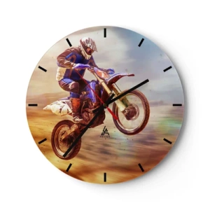 Wanduhr - Glasuhr - Ein Fahrer auf einem Motocross-Bike in einer dynamischen Aufnahme - 30x30cm - Motorradschwindel - Moderne Wanddekoration für Wohnzimmer, Küche und Schlafzimmer ARTTOR