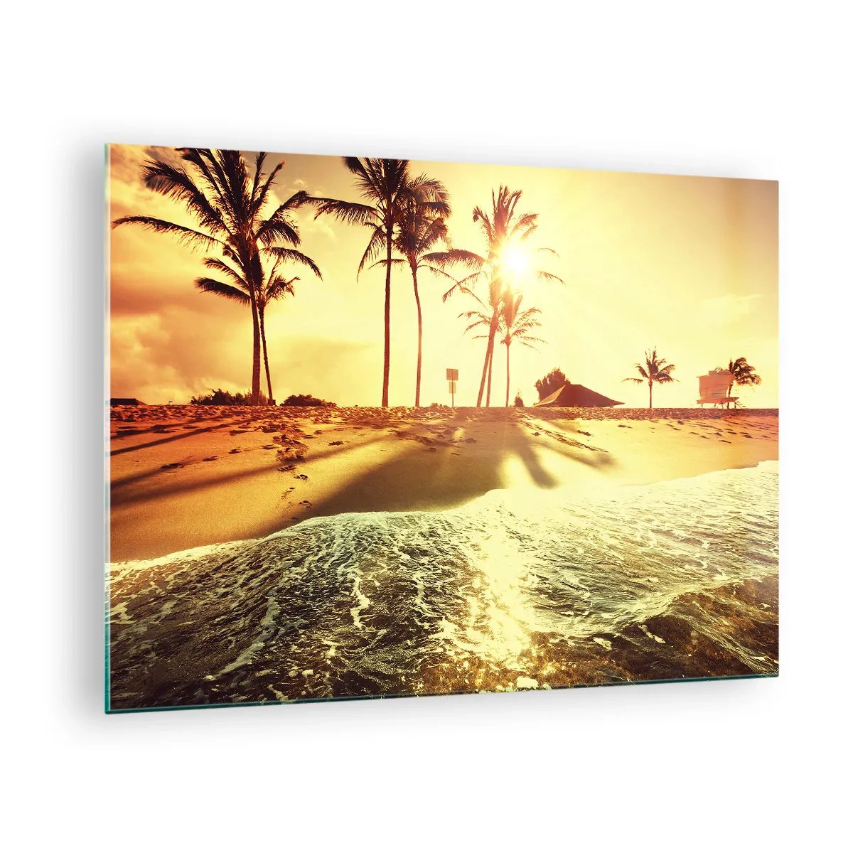 Glasbild - Bild auf glas - Goldener Strand mit Palmen bei Sonnenuntergang und ruhigem Meer - 70x50cm - Kalifornien am Nachmittag - Moderne Wanddekoration für Wohnzimmer und Schlafzimmer ARTTOR