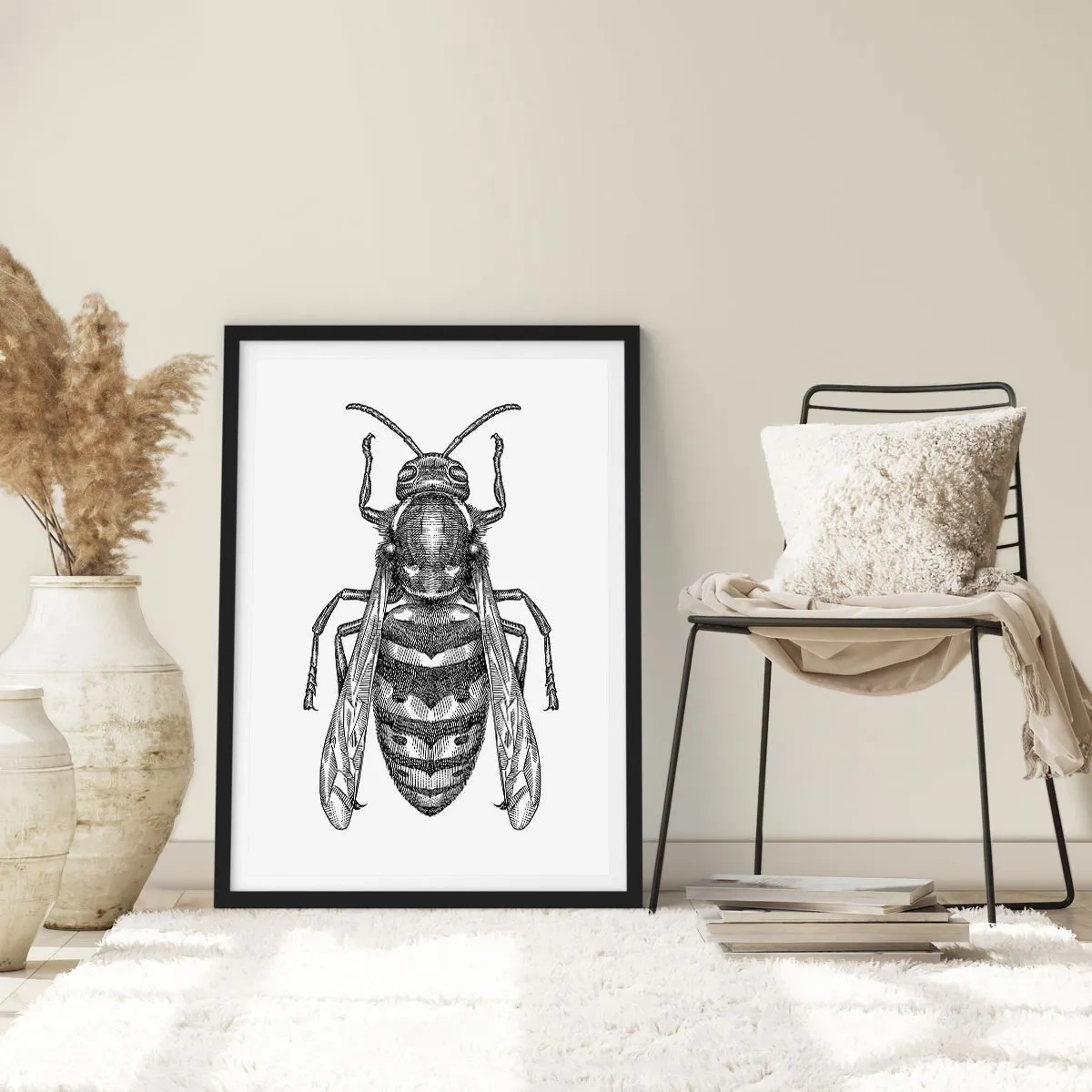 Poster in einem schwarzem Rahmen - Detaillierte Darstellung einer Wespe - 50x70cm - Von einem Insektenplaneten - Moderne Wanddekoration für Wohnzimmer und Schlafzimmer ARTTOR