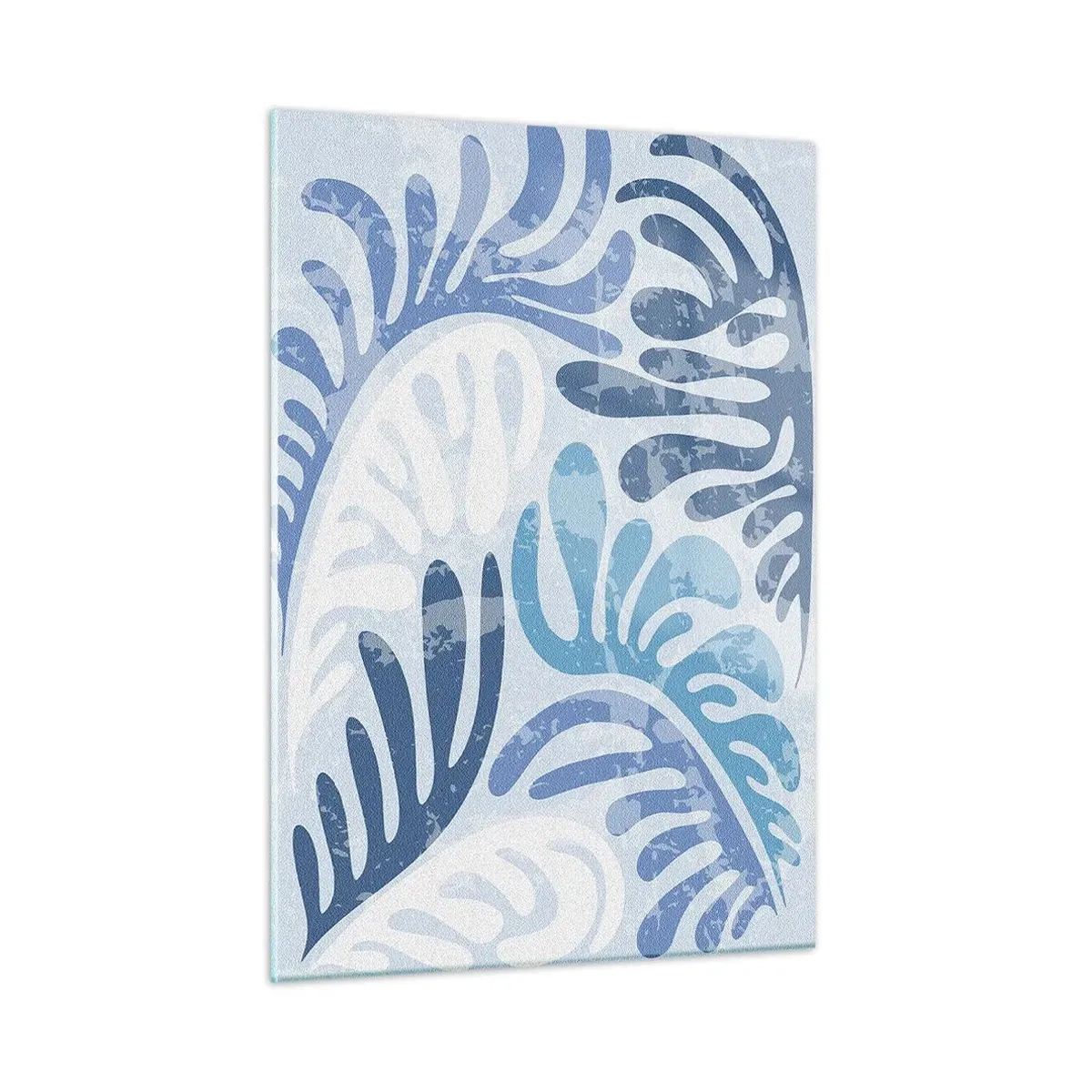 Glasbild - Bild auf glas - Dekorative Farnblätter in Blautönen auf hellem Untergrund - 50x70cm - Blaue Farne - Moderne Wanddekoration für Wohnzimmer und Schlafzimmer ARTTOR