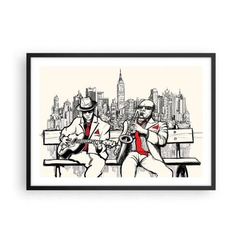 Poster in einem schwarzem Rahmen - Ein Jazzduo mit Saxophon und Gitarre vor der Kulisse der Stadt - 70x50cm - New Yorker Improvisation - Moderne Wanddekoration für Wohnzimmer und Schlafzimmer ARTTOR