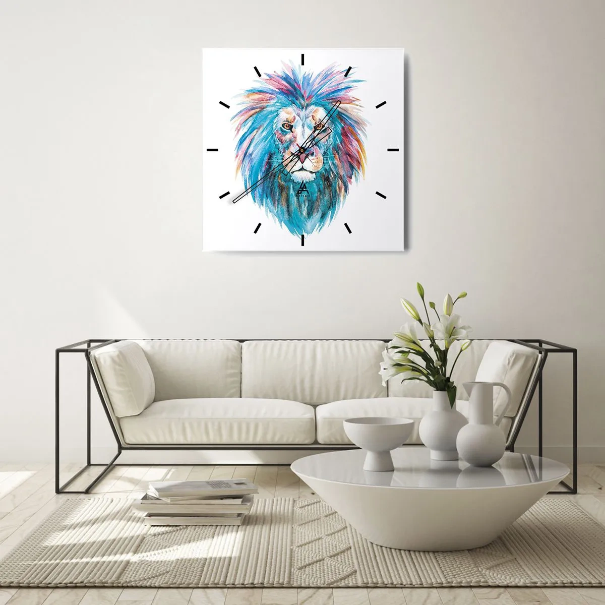 Wanduhr - Glasuhr - Aquarellporträt eines Löwen in lebendigen Farben - 30x30cm - Eine elektrisierende Aura - Moderne Wanddekoration für Wohnzimmer und Schlafzimmer ARTTOR