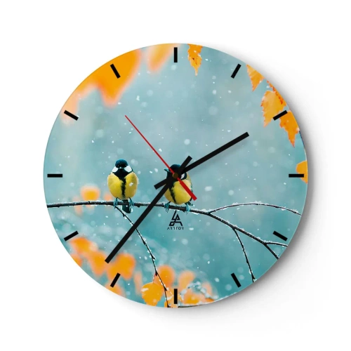 Wanduhr - Glasuhr - Zwei Meisen auf einem schneebedeckten Ast in einer Winterlandschaft - 30x30cm - Vogelklatsch - Moderne Wanddekoration für Wohnzimmer, Küche und Schlafzimmer ARTTOR
