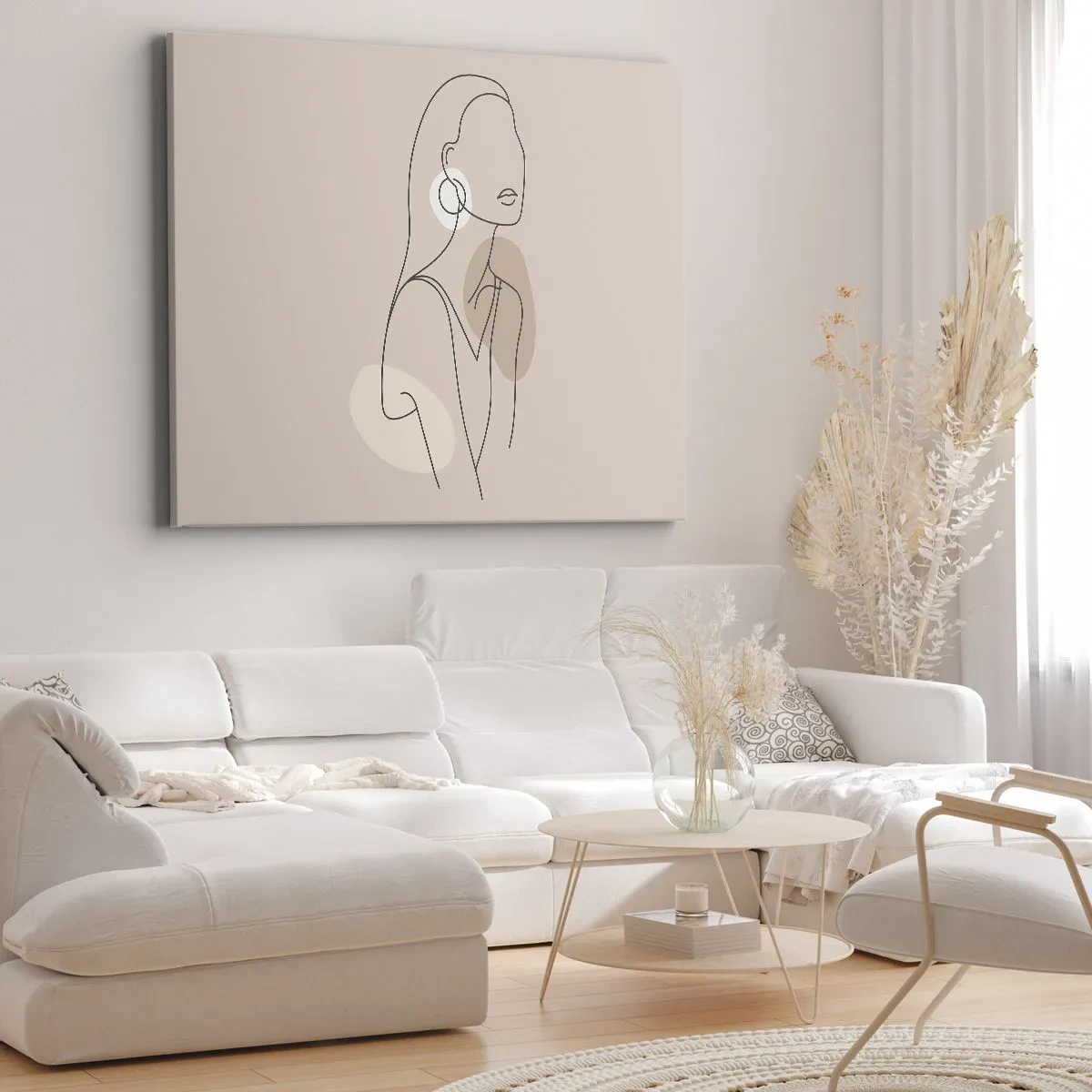 Bild auf Leinwand - Leinwandbild - Minimalistische Illustration einer Frau mit Umrissen auf beigem Hintergrund - 120x80cm - Mädchenhafte Ikone - Moderne Wanddekoration für Wohnzimmer und Schlafzimmer ARTTOR