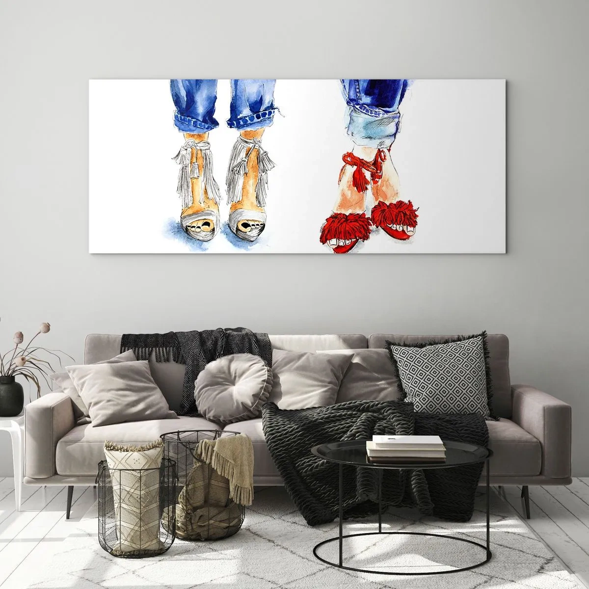 Glasbild - Bild auf glas - Abbildung von zwei Paar Schuhen in stylischen Sandalen und Jeans - 140x50cm - Vielleicht gehen wir spazieren? - Moderne Wanddekoration für Wohnzimmer und Schlafzimmer ARTTOR