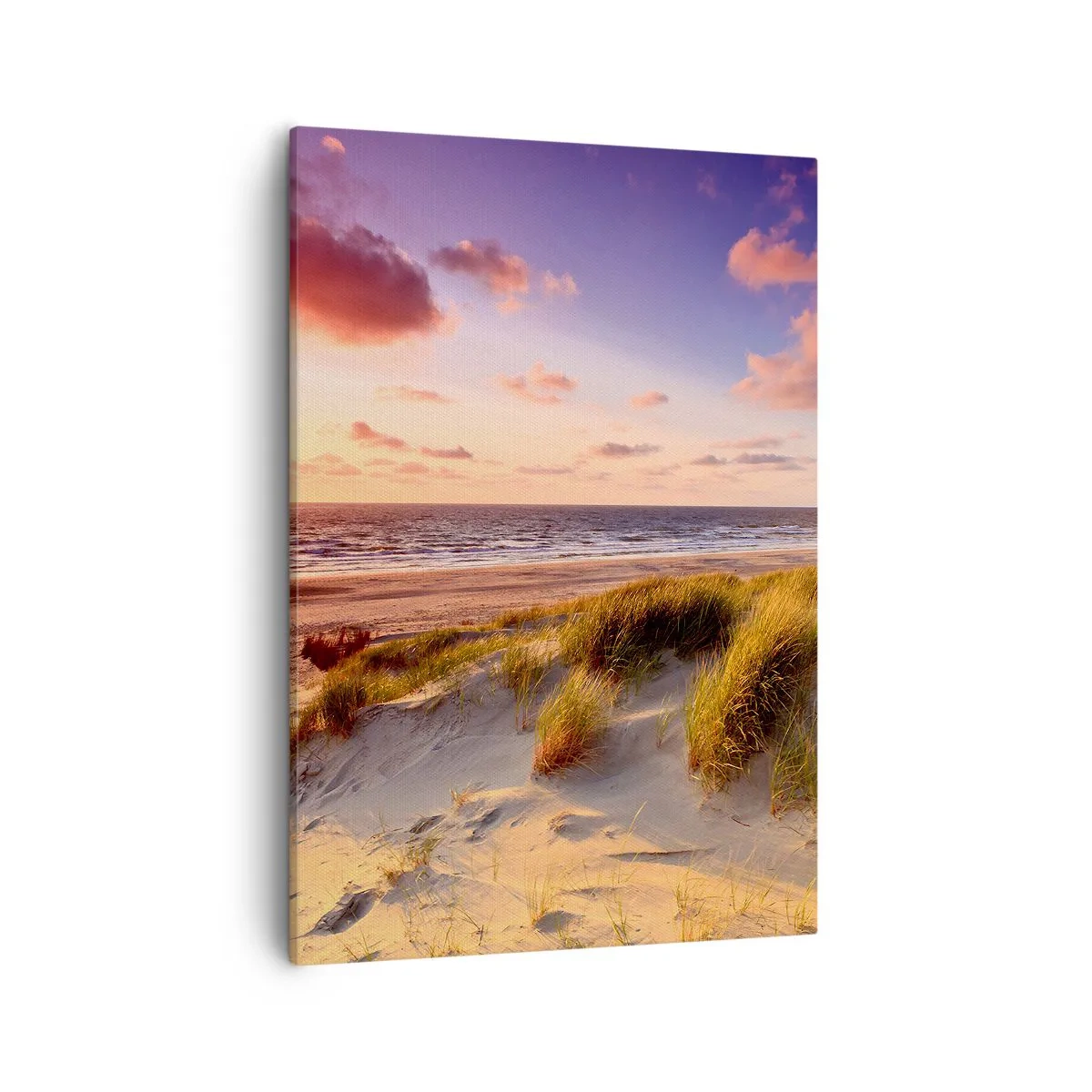 Bild auf Leinwand - Leinwandbild - Ein grasbewachsener Strand und ein Sonnenuntergang über einem ruhigen Meer - 50x70cm - Die Luft riecht schon im Sommer - Moderne Wanddekoration für Wohnzimmer und Schlafzimmer ARTTOR