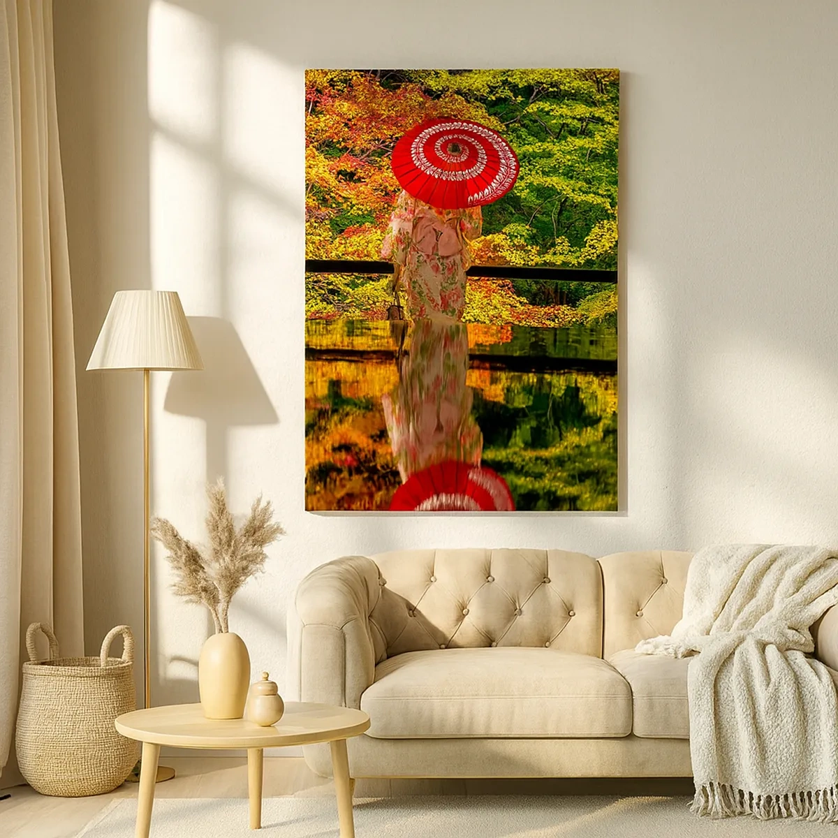 Bild auf Leinwand - Leinwandbild - Eine Frau im Kimono mit Regenschirm vor dem Hintergrund einer Herbstlandschaft. - 50x70cm - Im Tempel der Natur - Moderne Wanddekoration für Wohnzimmer und Schlafzimmer ARTTOR