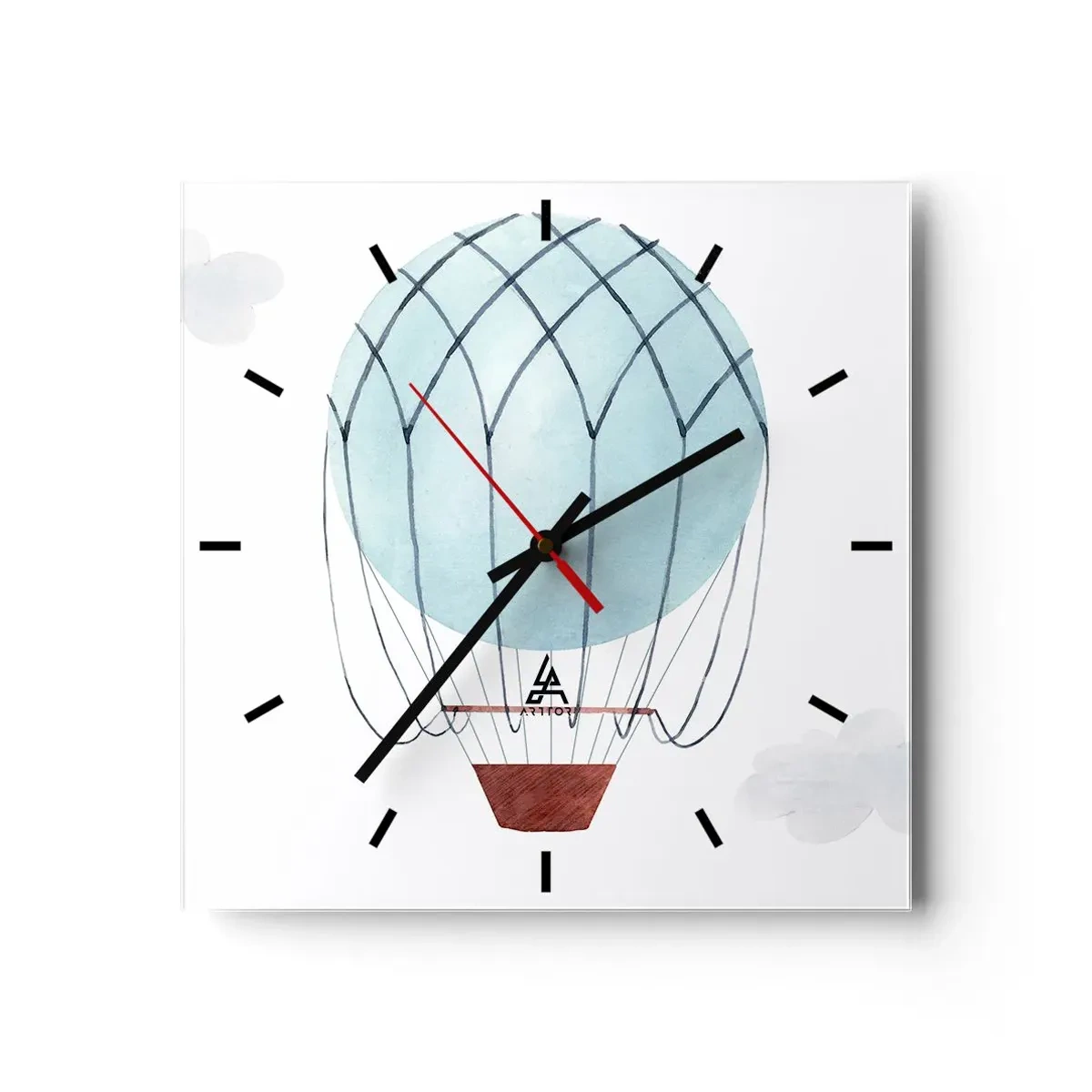Wanduhr - Glasuhr - Ein handbemalter Ballon vor dem Hintergrund zarter Wolken. - 30x30cm - Ganz in den Wolken - Moderne Wanddekoration für Wohnzimmer und Schlafzimmer ARTTOR