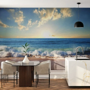 Fototapete Premium Sand - Goldener Strand mit Wellen und Sonnenuntergang über dem Meer - 100x70cm - Bewegung und Stille zugleich - Moderne Wanddekoration für Wohnzimmer und Schlafzimmer ARTTOR