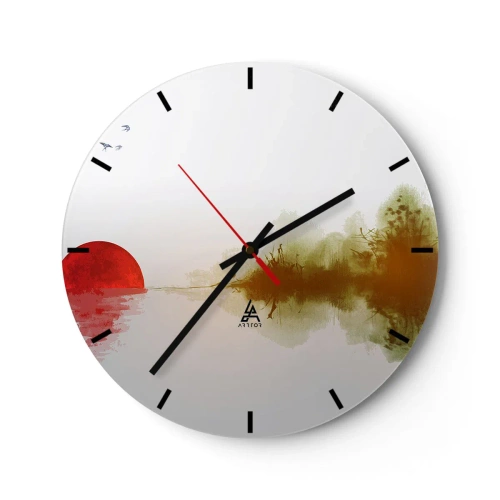 Wanduhr - Glasuhr - Eine minimalistische Landschaft mit roter Sonne und Spiegelung - 30x30cm - Versprechen der Ruhe - Moderne Wanddekoration für Wohnzimmer, Küche und Schlafzimmer ARTTOR