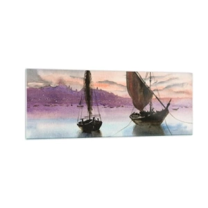 Glasbild - Bild auf glas - Zwei Segelschiffe liegen in der Abenddämmerung auf ruhigem Wasser vor Anker - 140x50cm - Abend am Hafen - Moderne Wanddekoration für Wohnzimmer und Schlafzimmer ARTTOR