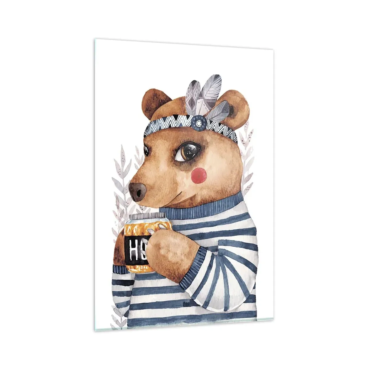 Glasbild - Bild auf glas - Ein Teddybär im gestreiften Pullover mit einer Tasse Honig - 80x120cm - Süße Bärin - Moderne Wanddekoration für Wohnzimmer und Schlafzimmer ARTTOR
