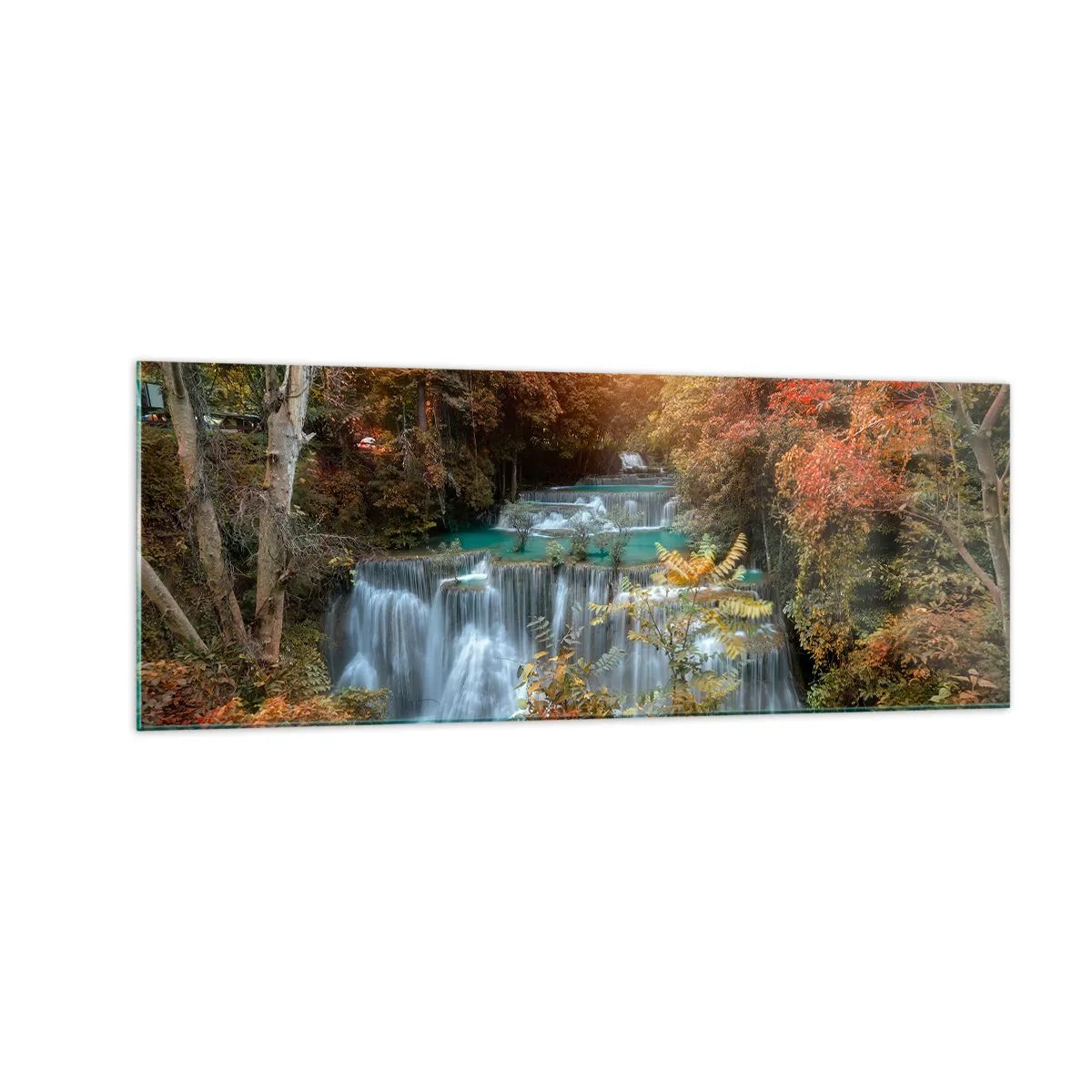 Glasbild - Bild auf glas - Herbstlicher Wasserfall, umgeben von bunten Bäumen im Sonnenlicht - 140x50cm - Versteckter Schatz des Waldes - Moderne Wanddekoration für Wohnzimmer und Schlafzimmer ARTTOR