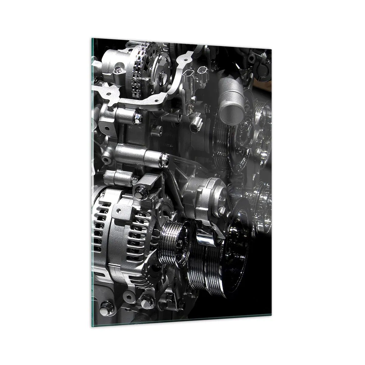 Glasbild - Bild auf glas - Details eines Metallmotors auf schwarzem Hintergrund - 50x70cm - Stahl, schön, stark - Moderne Wanddekoration für Wohnzimmer und Schlafzimmer ARTTOR