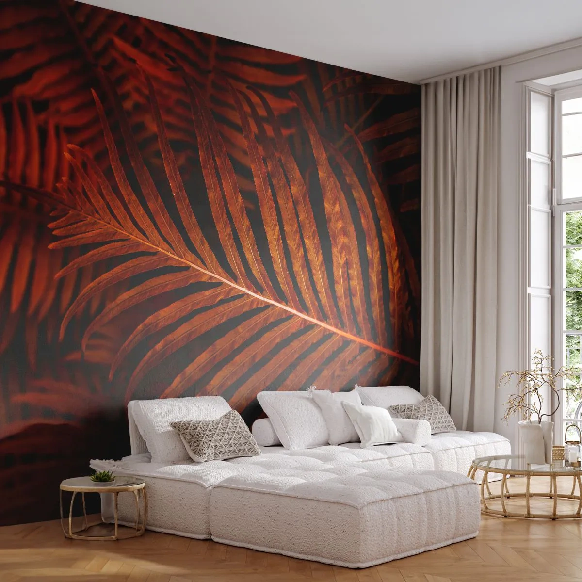 Fototapete Premium Sand - Dunkelorange Palmblätter in stimmungsvollem Licht - 100x70cm - Die Hitze des Lebens - Moderne Wanddekoration für Wohnzimmer und Schlafzimmer ARTTOR