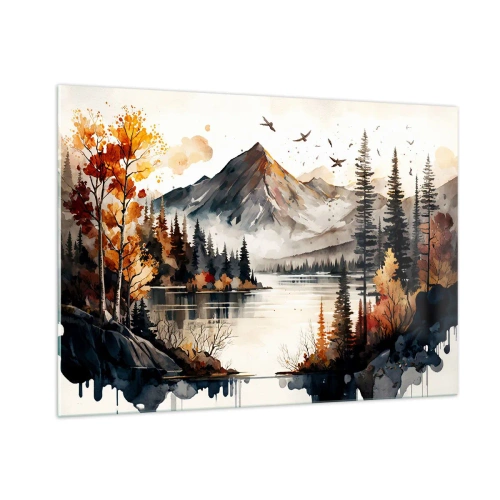 Glasbild - Bild auf glas - Herbstliche Berglandschaft mit See und Wald - 100x70cm - Goldener Herbst in den Bergen - Moderne Wanddekoration für Wohnzimmer und Schlafzimmer ARTTOR