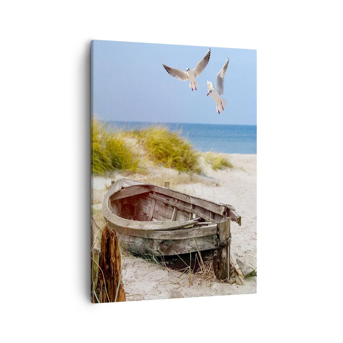 Bild auf Leinwand - Leinwandbild - Verlassenes Boot an einem Strand mit Möwen - 50x70cm - In Wind gebadet - Moderne Wanddekoration für Wohnzimmer und Schlafzimmer ARTTOR