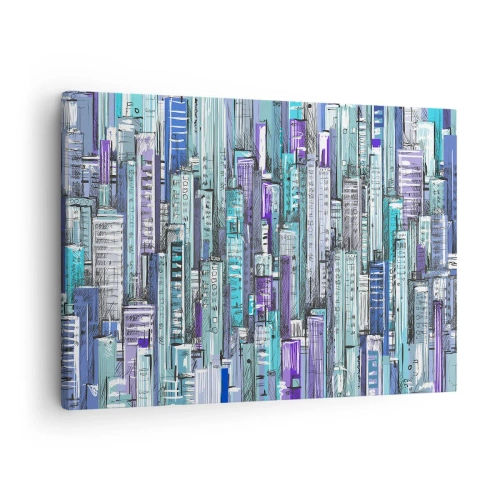 Bild auf Leinwand - Leinwandbild - Illustration einer Stadt mit geometrischen Gebäuden in Blau- und Lilatönen. - 70x50cm - Bläulich von dem Himmel - Moderne Wanddekoration für Wohnzimmer und Schlafzimmer ARTTOR
