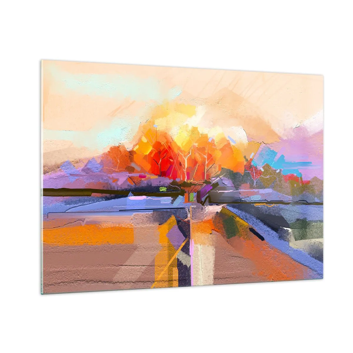 Glasbild - Bild auf glas - Abstrakte Landschaft mit Sonnenuntergang und bunten Feldern - 100x70cm - Der Herbst ist geworden - Moderne Wanddekoration für Wohnzimmer und Schlafzimmer ARTTOR
