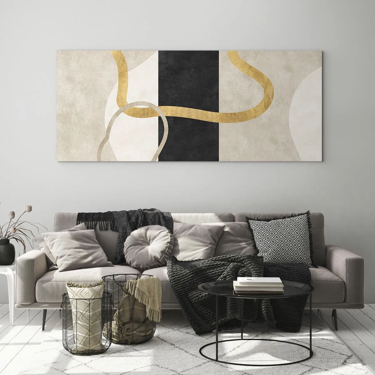 Glasbild - Bild auf glas - Ein minimalistisches Design mit geschwungenen Formen in Gold und Schwarz. - 140x50cm - Schleifenformen - Moderne Wanddekoration für Wohnzimmer und Schlafzimmer ARTTOR