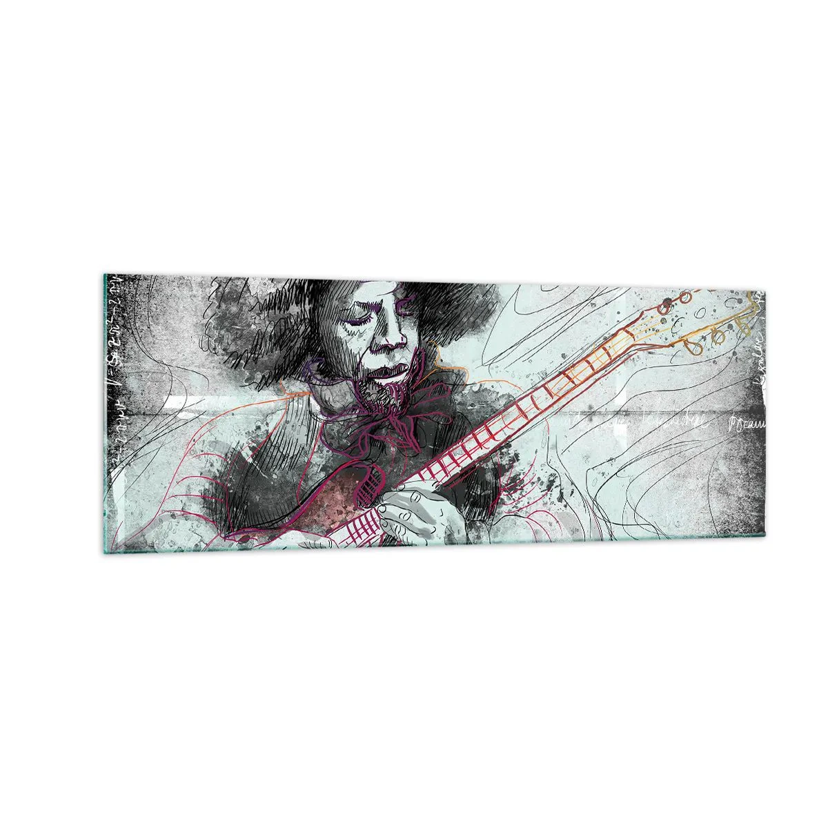 Glasbild - Bild auf glas - Künstlerisches Portrait eines Gitarristen in der Skizzentechnik - 140x50cm - Auf den Wellen der Musik - Moderne Wanddekoration für Wohnzimmer und Schlafzimmer ARTTOR