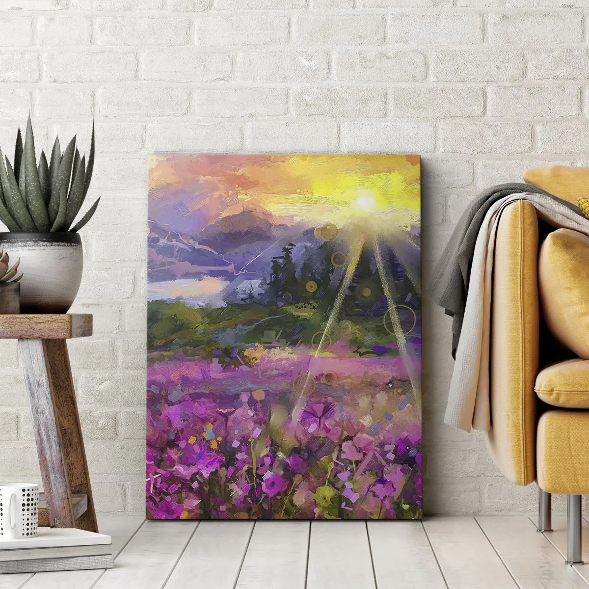 Bild auf Leinwand - Leinwandbild - Eine malerische Wiese in den Strahlen der untergehenden Sonne - 80x120cm - Im Tal unter dem Schutz der Sonne - Moderne Wanddekoration für Wohnzimmer und Schlafzimmer ARTTOR