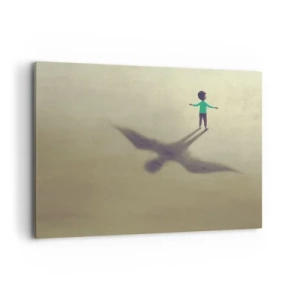Bild auf Leinwand - Leinwandbild - Eine symbolische Figur eines Kindes mit dem Schatten eines Vogels vor einem Hintergrund in warmen Farbtönen. - 100x70cm - Der Held der Zukunft - Moderne Wanddekoration für Wohnzimmer und Schlafzimmer ARTTOR