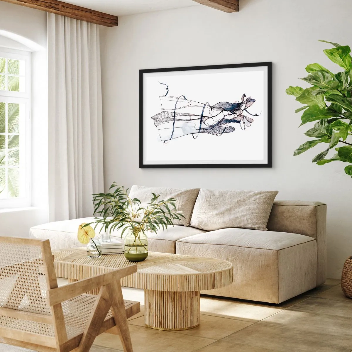 Poster in einem schwarzem Rahmen - Eine subtile Zeichnung einer Hand mit einer zarten Blume - 70x50cm - Touch-Studie - Moderne Wanddekoration für Wohnzimmer und Schlafzimmer ARTTOR