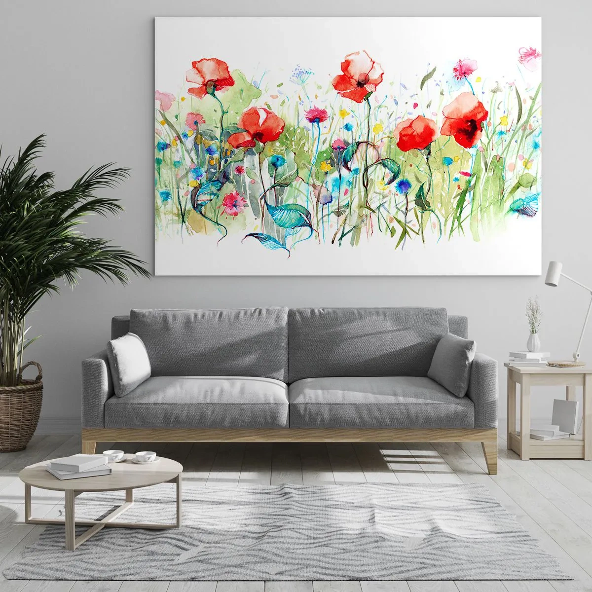 Glasbild - Bild auf glas - Bunte Mohnblumen und Wildblumen im Aquarellstil - 100x70cm - Blühende Maiwiese - Moderne Wanddekoration für Wohnzimmer und Schlafzimmer ARTTOR