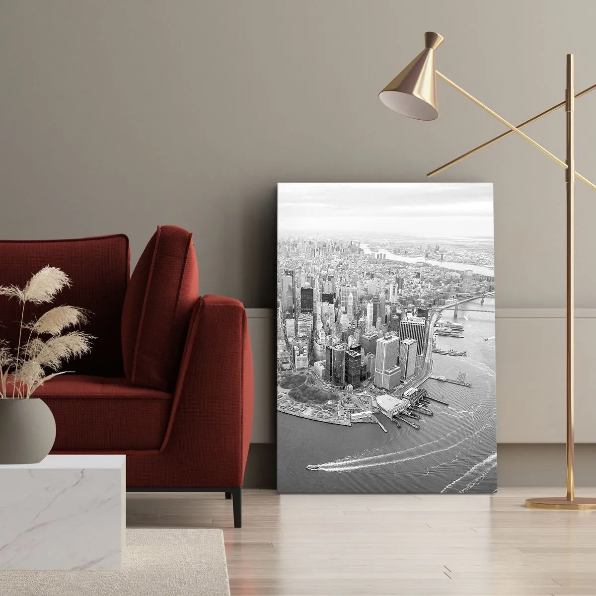 Bild auf Leinwand - Leinwandbild - Luftaufnahme von Manhattan in Schwarzweiß - 70x100cm - Und wie kann es man nicht lieben? - Moderne Wanddekoration für Wohnzimmer und Schlafzimmer ARTTOR