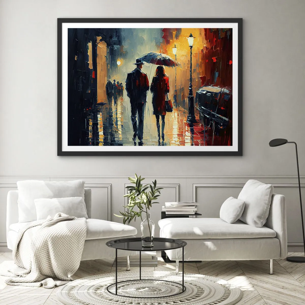 Poster in einem schwarzem Rahmen - Nachts im Regen unter einem Regenschirm in der Stadt spazieren gehen - 100x70cm - Urbane Liebesgeschichte - Moderne Wanddekoration für Wohnzimmer und Schlafzimmer ARTTOR