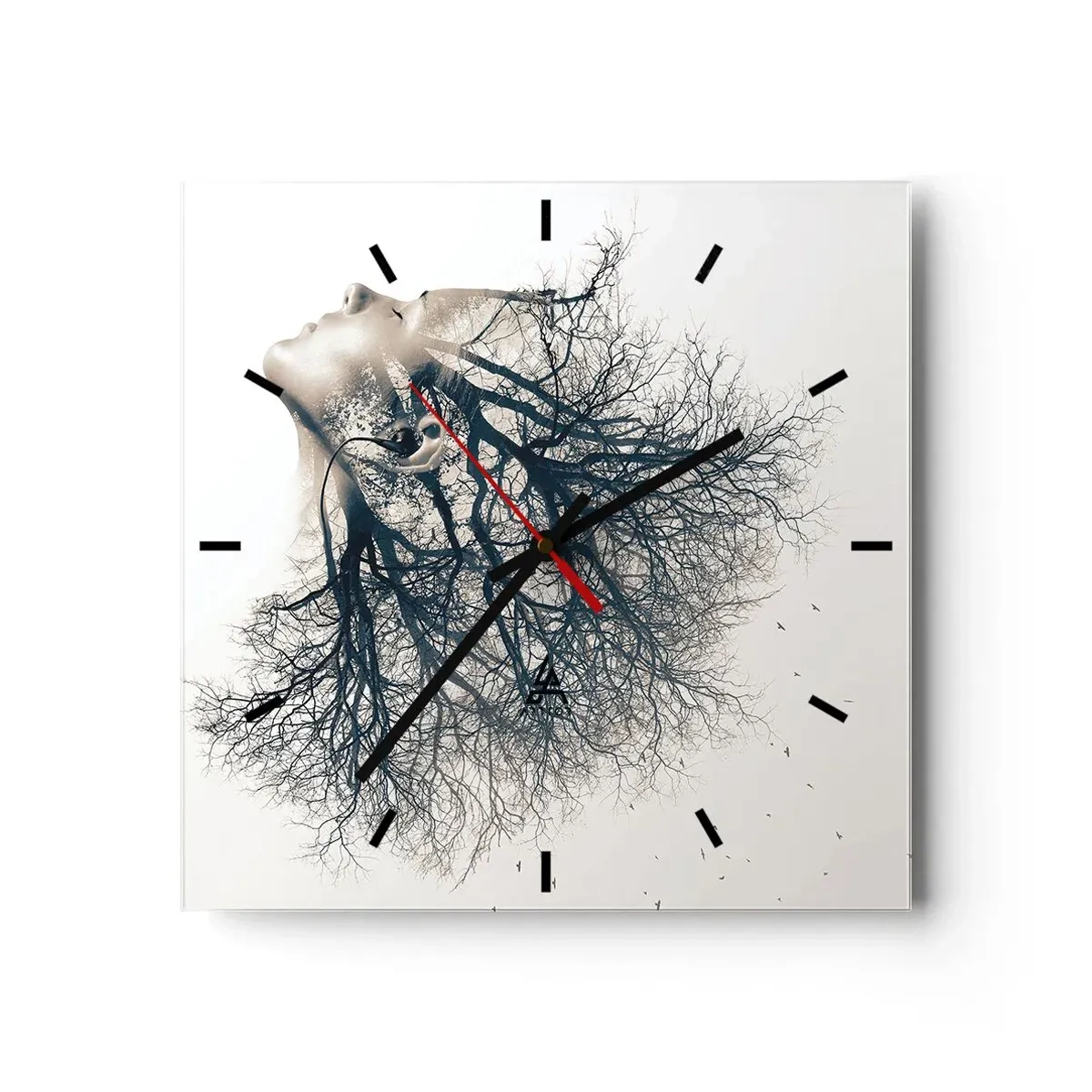Wanduhr - Glasuhr - Kreative Silhouette einer Frau und Bäume - 30x30cm - Dem Rauschen der Bäume lauschen - Moderne Wanddekoration für Wohnzimmer und Schlafzimmer ARTTOR