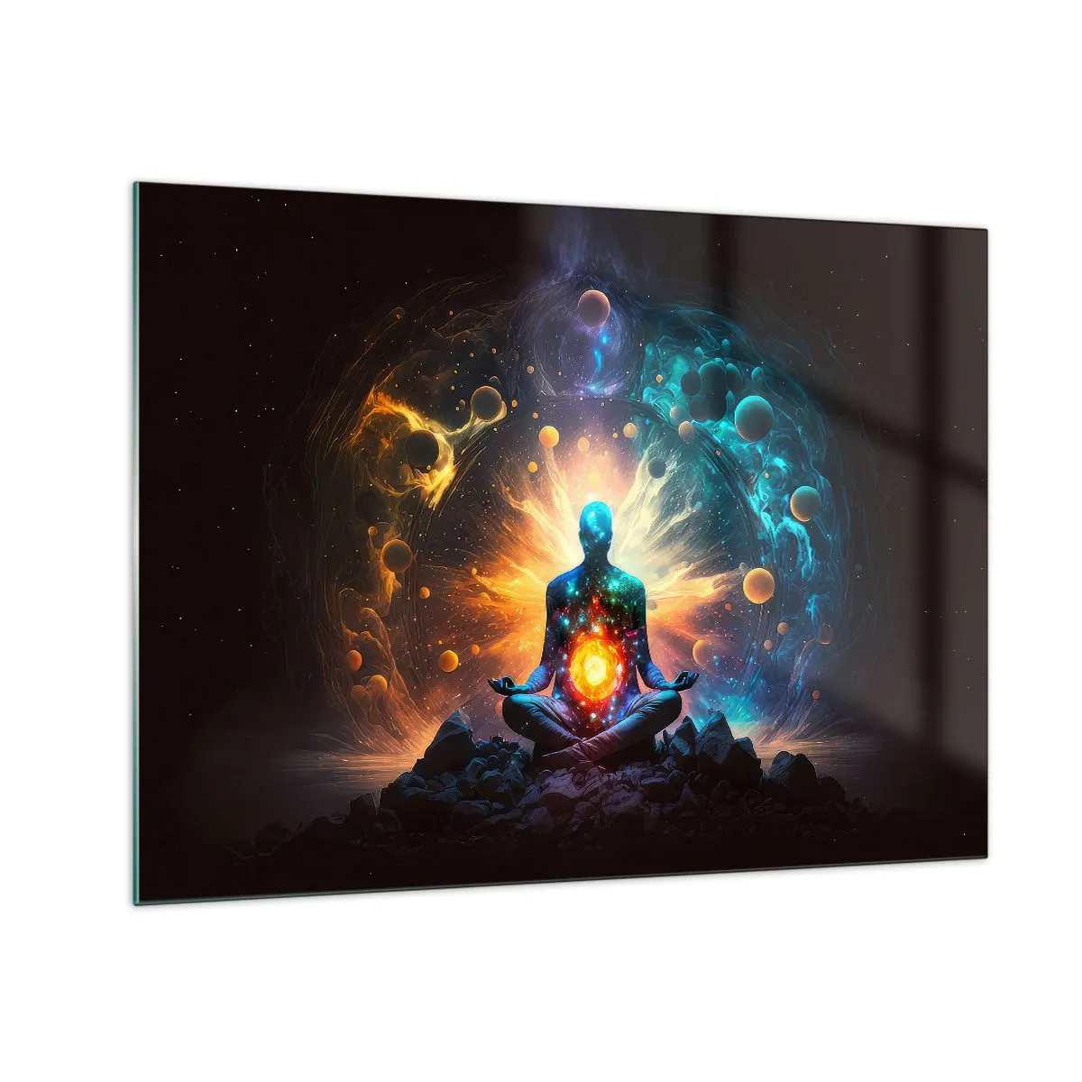 Glasbild - Bild auf glas - Eine meditierende Silhouette in einer kosmischen Farbexplosion - 70x50cm - Kosmischer Frieden - Moderne Wanddekoration für Wohnzimmer und Schlafzimmer ARTTOR