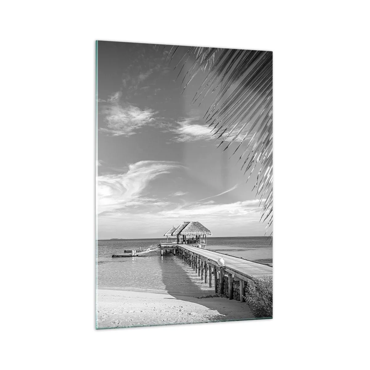 Glasbild - Bild auf glas - Schwarz-weißer Strand mit Pier und Palmen an einer tropischen Küste - 70x100cm - Erinnerung oder Traum? - Moderne Wanddekoration für Wohnzimmer und Schlafzimmer ARTTOR