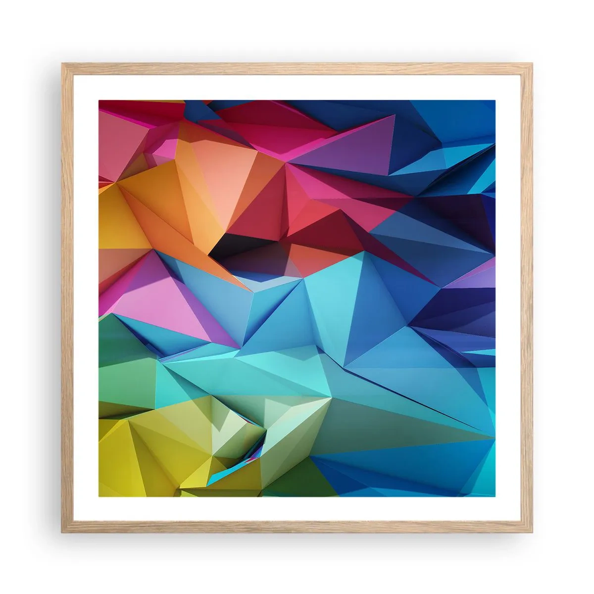 Poster in einem Rahmen aus heller Eiche - Regenbogen-Origami - 60x60 cm