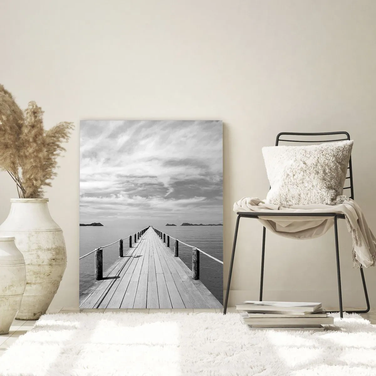 Glasbild - Bild auf glas - Ein Holzsteg, der über ein ruhiges Meer in die Ferne führt - 70x100cm - Oder vielleicht eine Reise ... - Moderne Wanddekoration für Wohnzimmer und Schlafzimmer ARTTOR