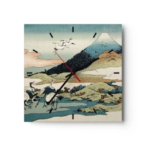 Wanduhr - Glasuhr - Traditionelle japanische Grafik mit Bergen und Kranichen - 30x30cm - Im japanischen Geist - Moderne Wanddekoration für Wohnzimmer und Schlafzimmer ARTTOR