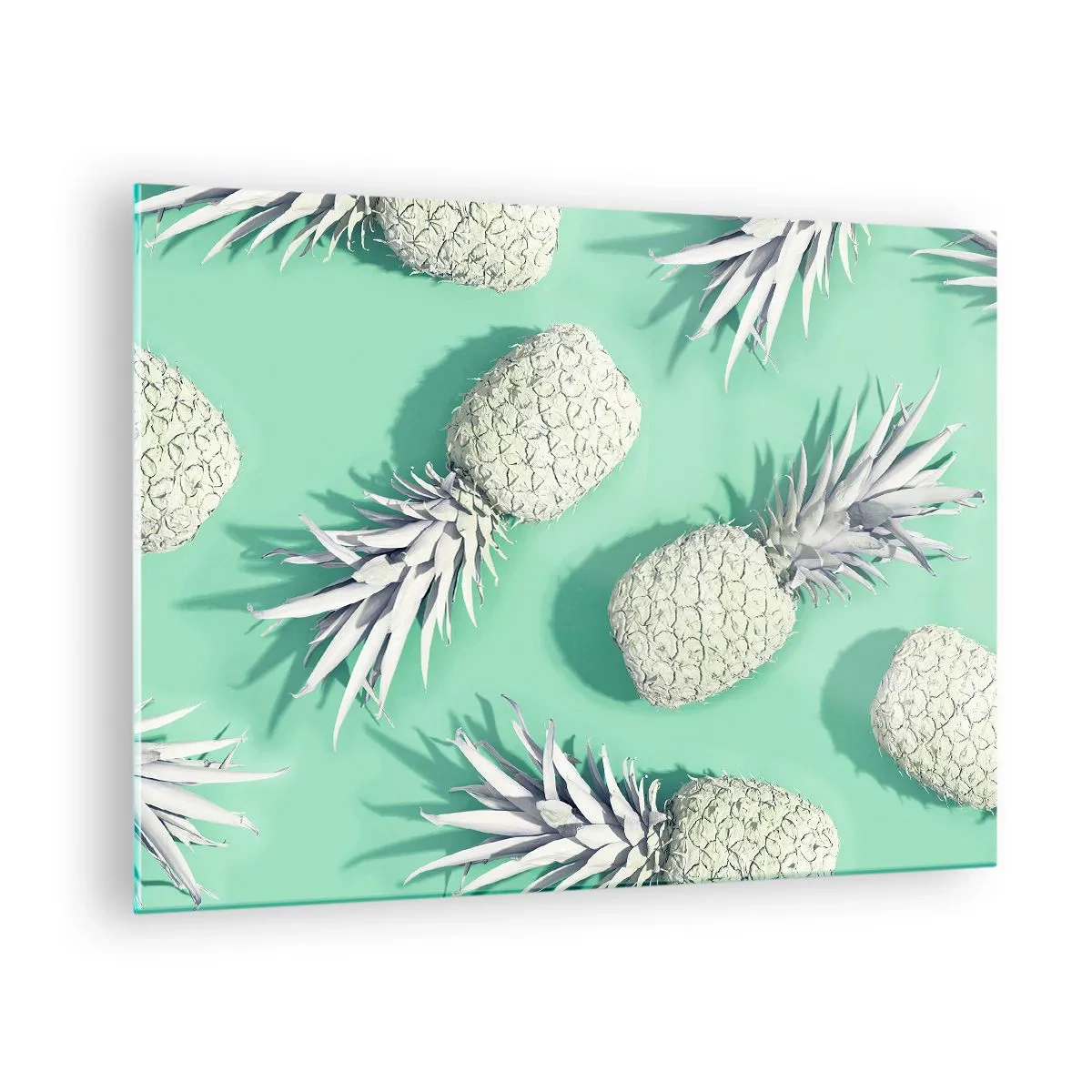 Glasbild - Bild auf glas - Weiße Ananas auf mintgrünem Hintergrund in einer künstlerischen Komposition - 70x50cm - Das passt gut zu Minze - Moderne Wanddekoration für Wohnzimmer und Schlafzimmer ARTTOR