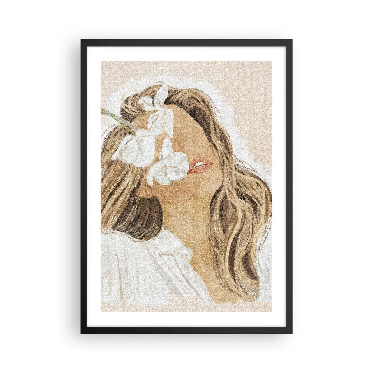 Poster in einem schwarzem Rahmen - Porträt einer Frau mit Blumen im Gesicht - 50x70cm - Unter den Blumen in Verzückung - Moderne Wanddekoration für Wohnzimmer und Schlafzimmer ARTTOR