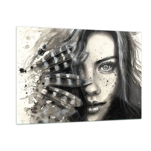 Glasbild - Bild auf glas - Porträt einer Frau mit Federn und abstrakten Details - 120x80cm - Wilde Schönheit - Moderne Wanddekoration für Wohnzimmer und Schlafzimmer ARTTOR