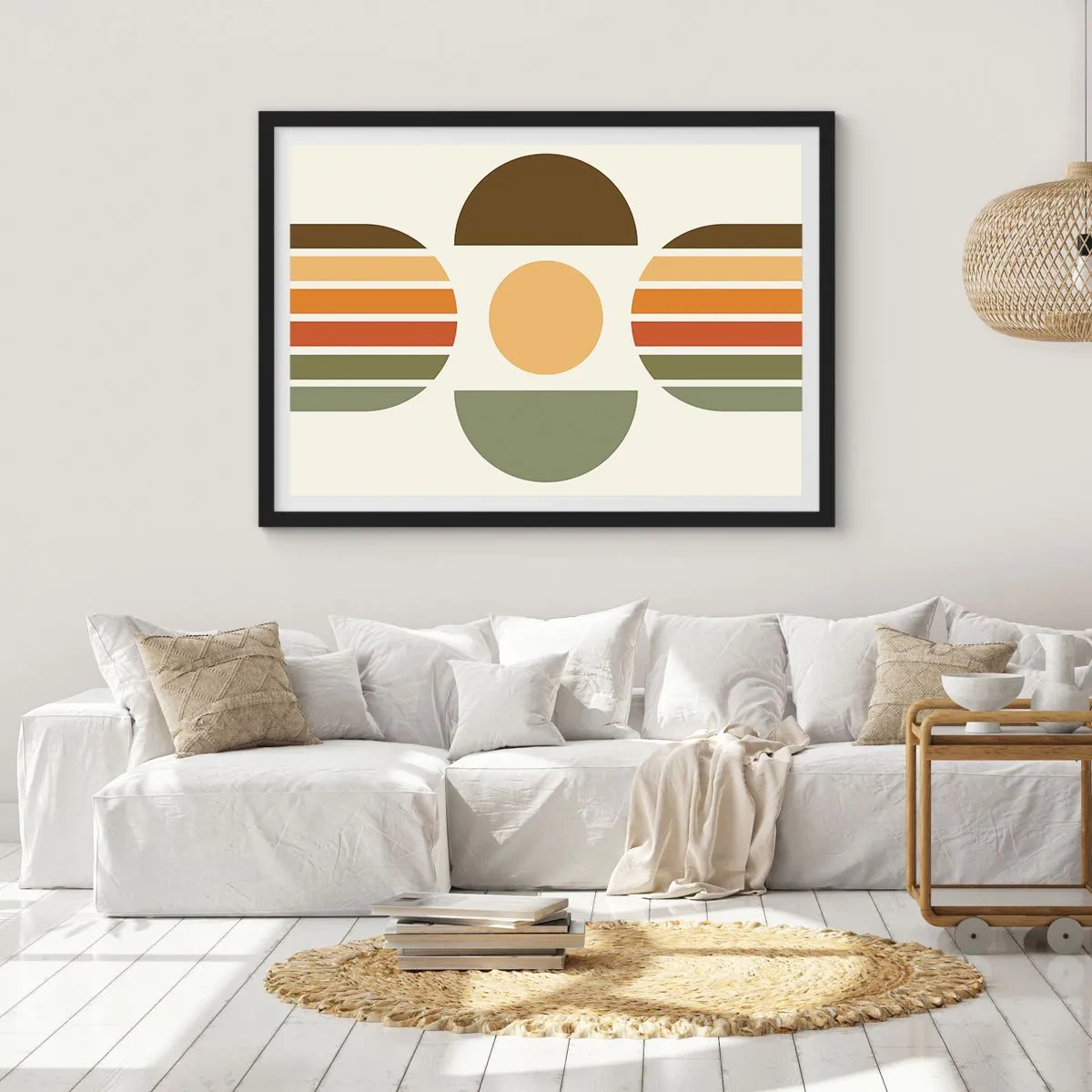 Poster in einem schwarzem Rahmen - Geometrische Komposition mit Halbkreisen und Streifen in Erdtönen - 70x50cm - In Erdtönen - Moderne Wanddekoration für Wohnzimmer und Schlafzimmer ARTTOR
