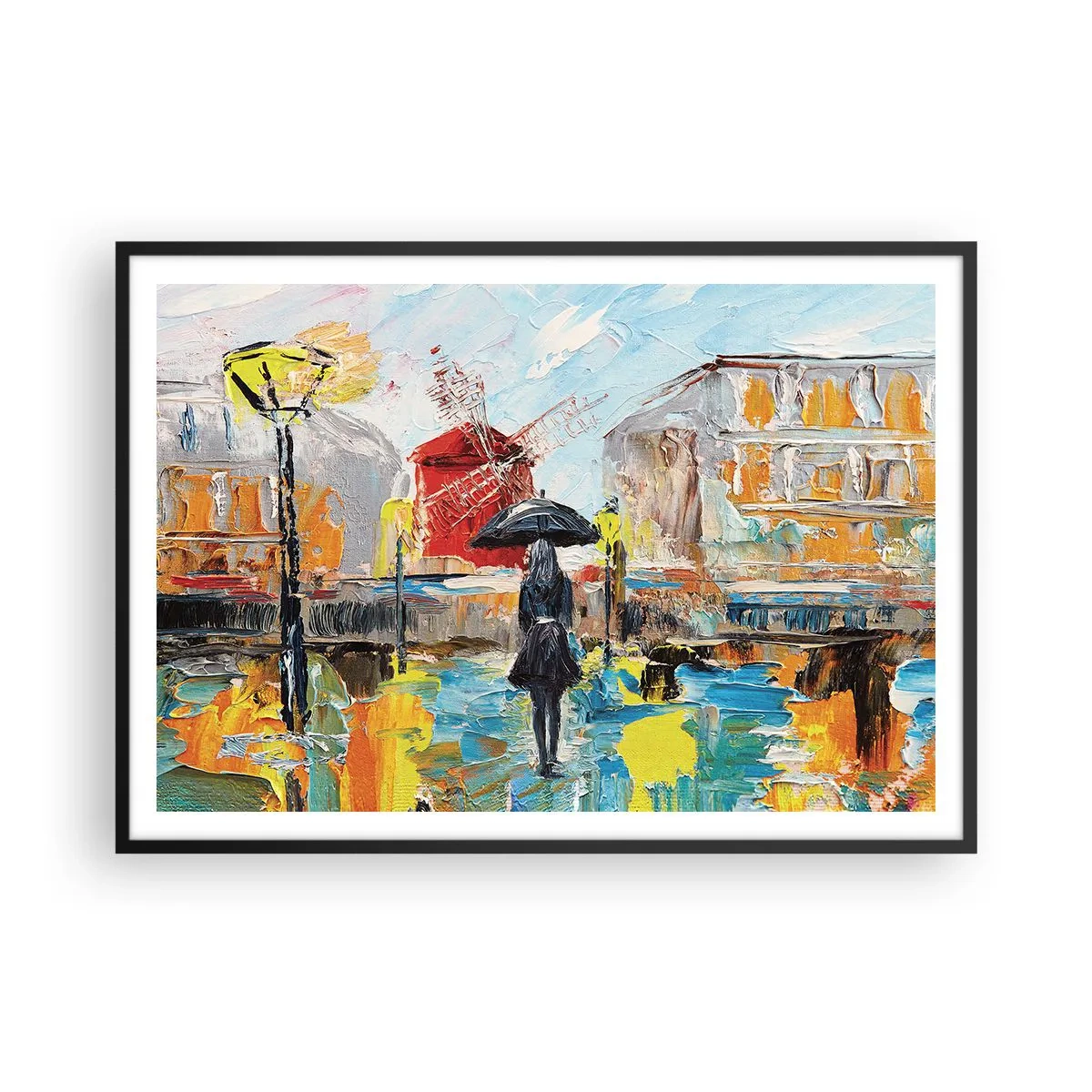 Poster in einem schwarzem Rahmen - Eine malerische Szene mit einem Regenschirm vor der Kulisse von Paris in leuchtenden Farben. - 100x70cm - Pariser Legenden - Moderne Wanddekoration für Wohnzimmer und Schlafzimmer ARTTOR