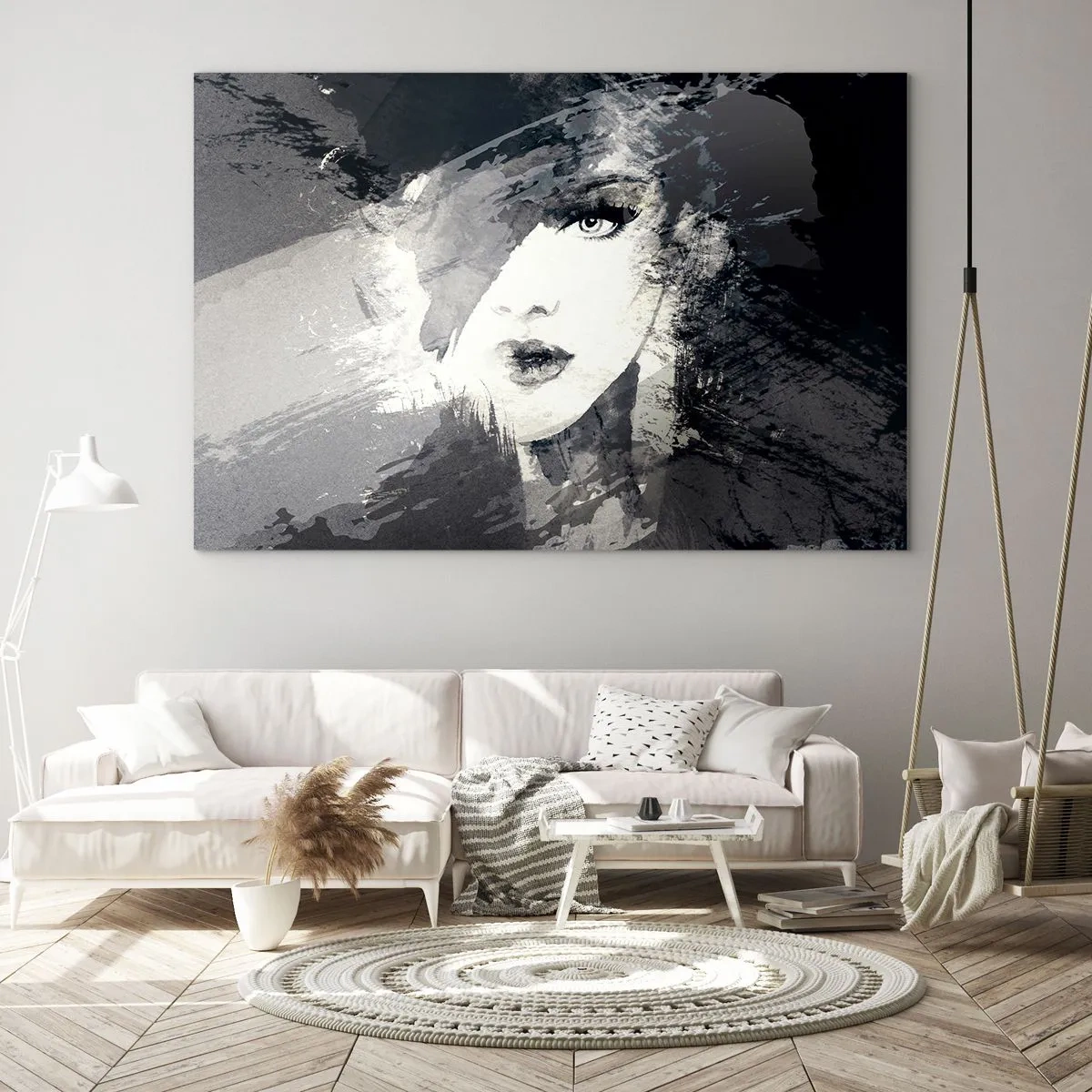 Glasbild - Bild auf glas - Das Gesicht einer Frau ist teilweise mit abstrakten grauen Flecken bedeckt. - 100x70cm - Hinter einem grauen Schleier - Moderne Wanddekoration für Wohnzimmer und Schlafzimmer ARTTOR