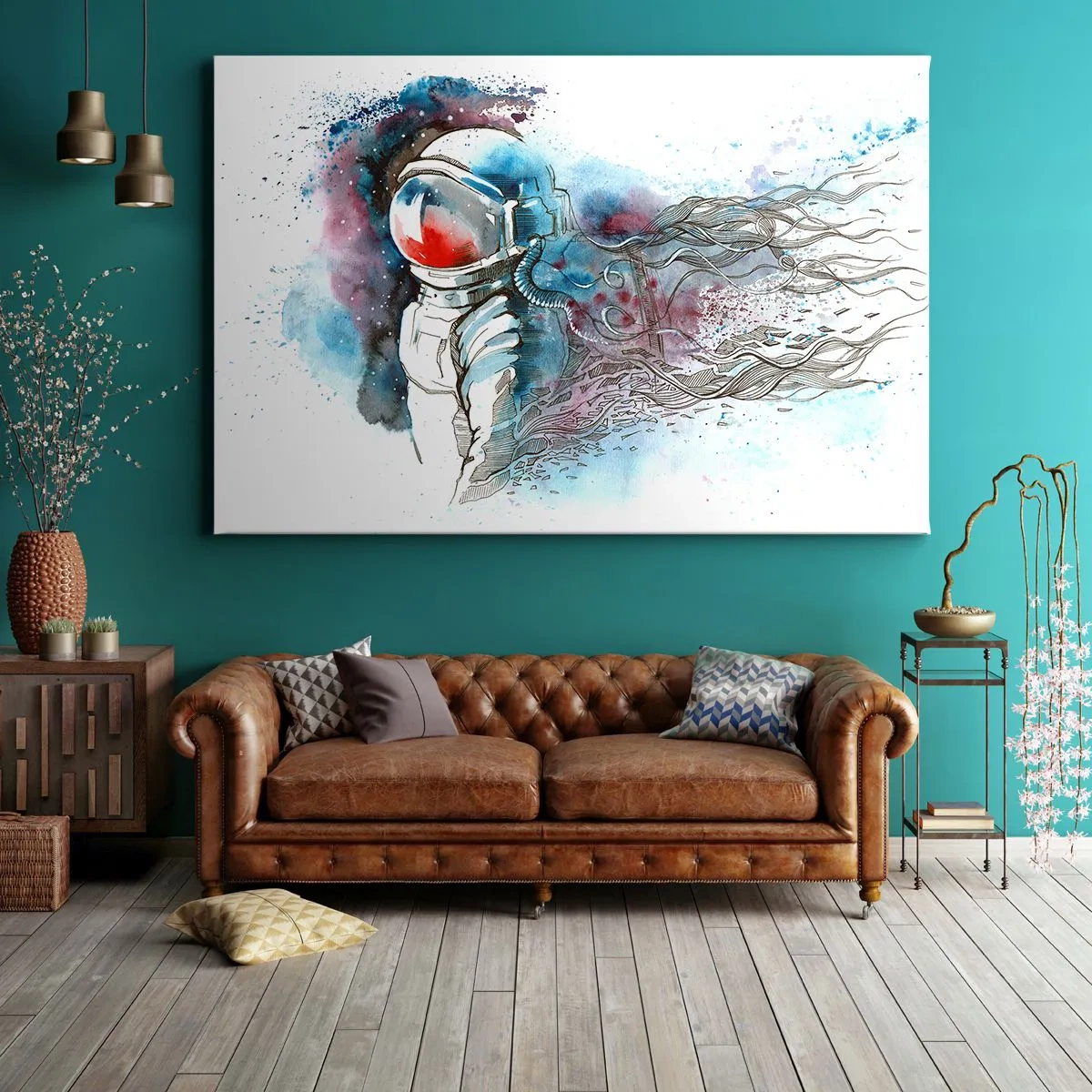 Bild auf Leinwand - Leinwandbild - Ein Kosmonaut in einem dynamischen Aquarell mit kosmischen Details - 100x70cm - Allein mit Platz - Moderne Wanddekoration für Wohnzimmer und Schlafzimmer ARTTOR