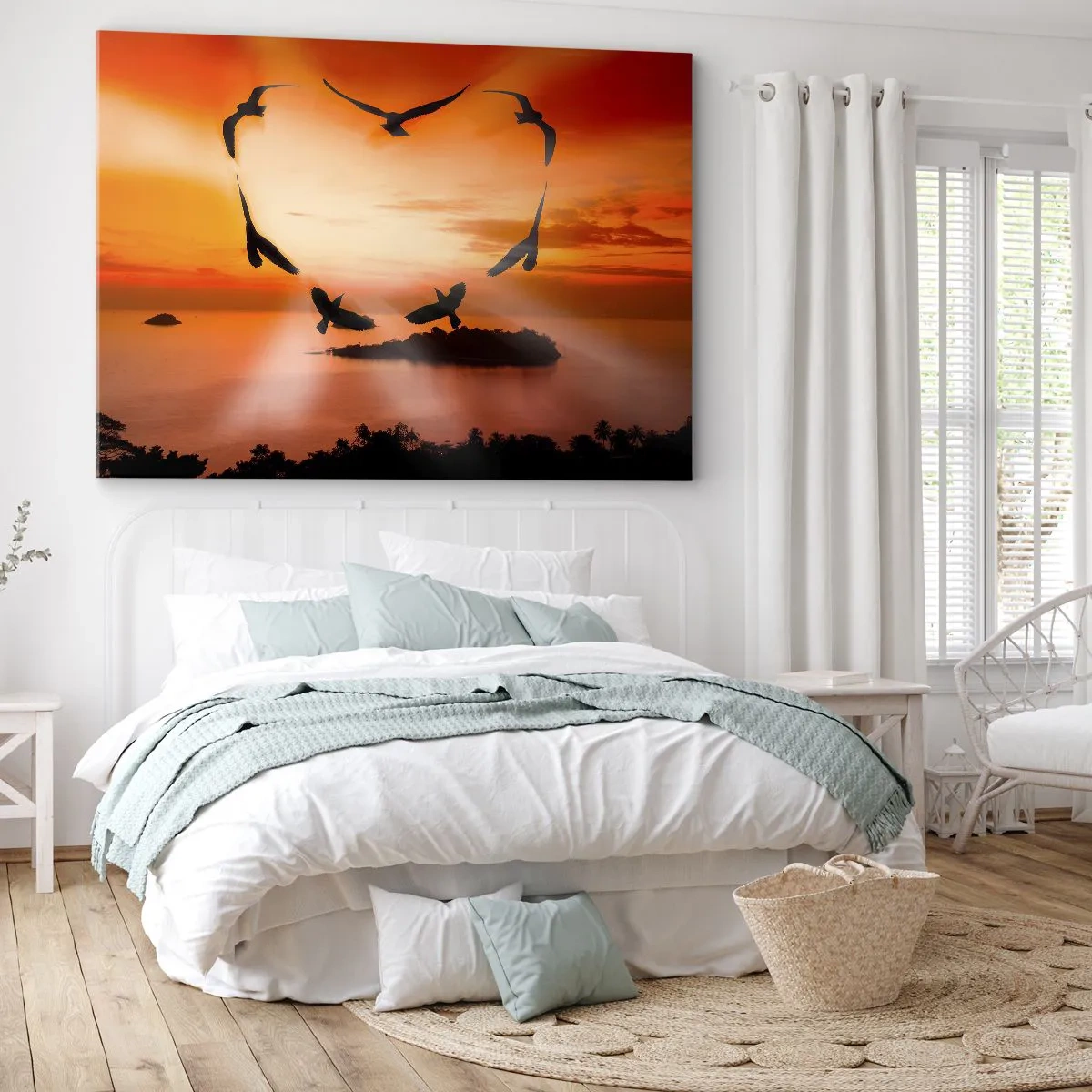 Bild auf Leinwand - Leinwandbild - Vögel bilden ein Herz vor dem Hintergrund der untergehenden Sonne - 120x80cm - Liebe die Welt wie Vögel - Moderne Wanddekoration für Wohnzimmer und Schlafzimmer ARTTOR