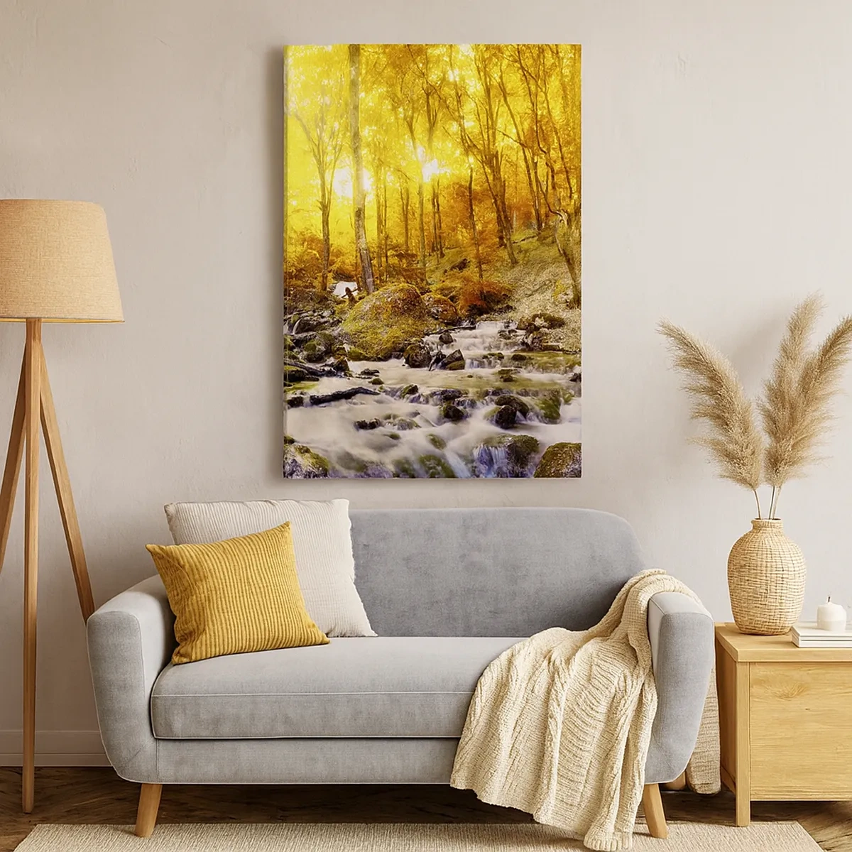 Bild auf Leinwand - Leinwandbild - Herbstwald mit einem Bach zwischen goldenen Blättern - 50x70cm - In Gold und Platin gefasste Steine - Moderne Wanddekoration für Wohnzimmer und Schlafzimmer ARTTOR