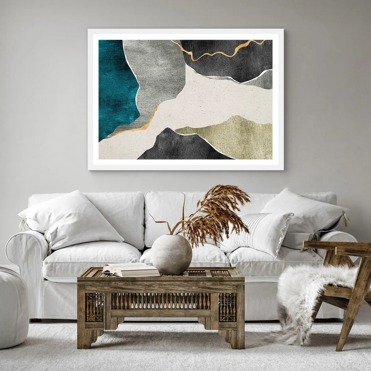 Poster in einem weißen Rahmen - Mosaikkomposition mit Goldfaden - 30x30 cm